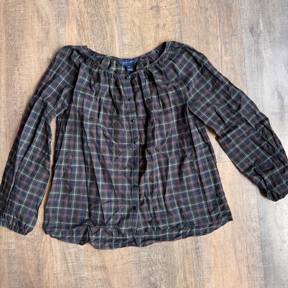 Ralph Lauren Kids Navy Blue Green Burgundy Plaid Button Front Blouse Size 16